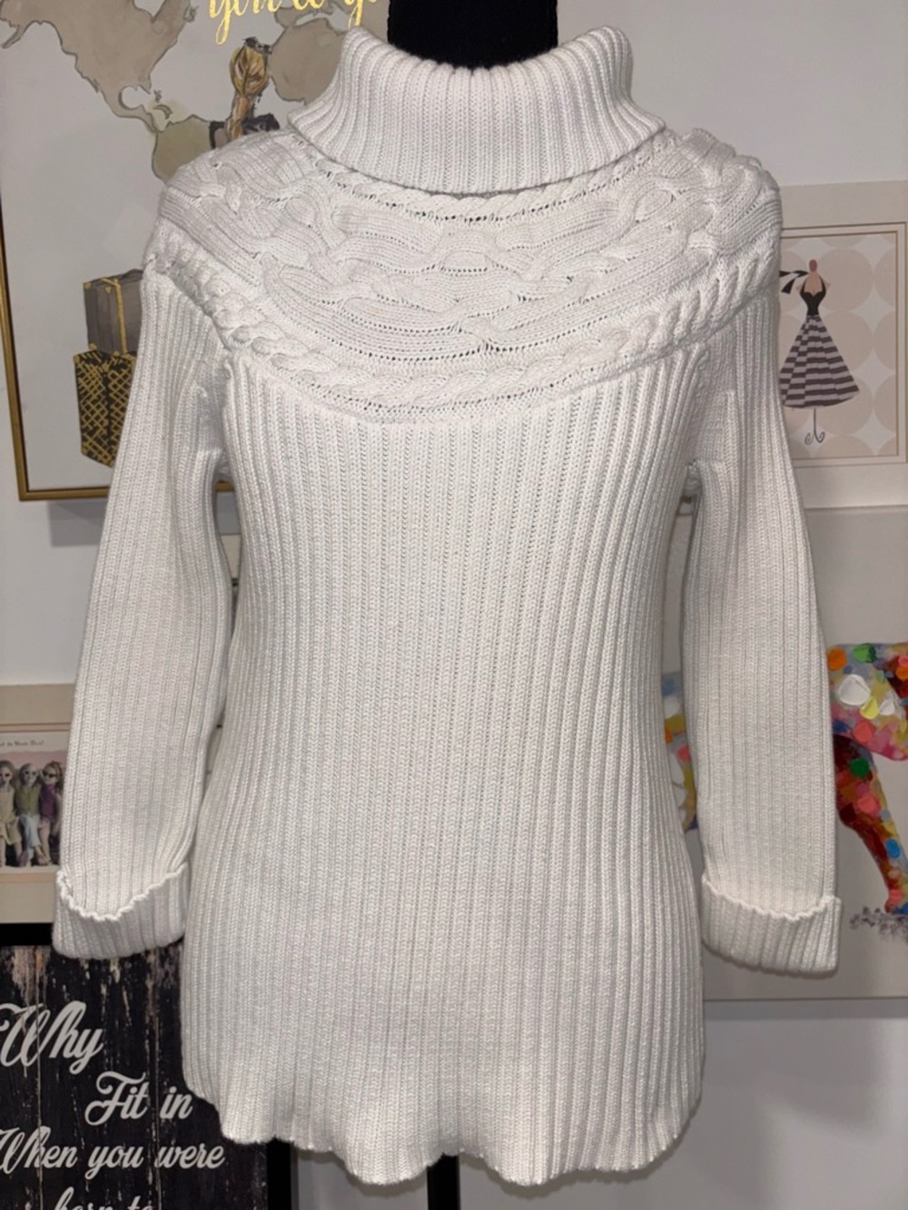 Calvin Klein Cream Cable Yoke Ribbed Turtleneck Sweater